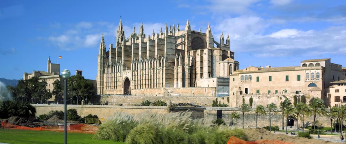 Une cathédrale historique à l’architecture gothique, dotée d’une grande rosace et entourée d’un paysage urbain où se côtoient palmiers et bâtiments modernes.