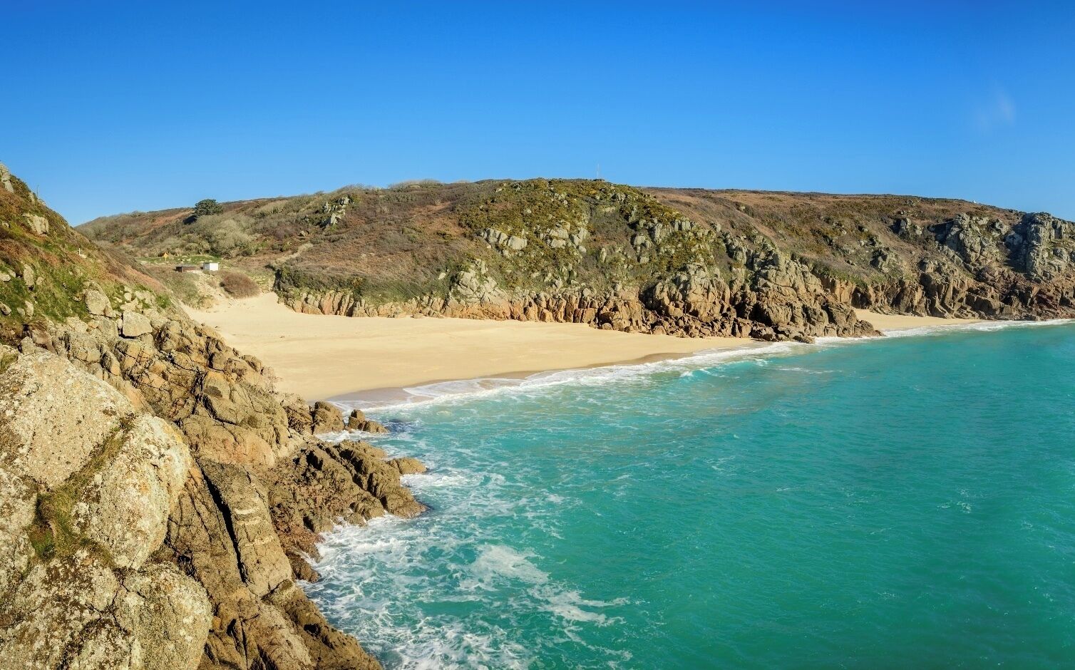 Porthcurno has to be one of the finest beaches in England. 15 miles West (approximately) of Penzance and faces south. Be warned, this place can get very busy in the summer months. This shot was taken from the rocks below the Minack Theatre (Built in to the rocks) they have  fantastic shows on from March 1st, Orchestras, Shakespear etc. What can be better than an open air theatre on a summers evening, bottle of fizz and a picnic with the warmth of the evening sunshine. 