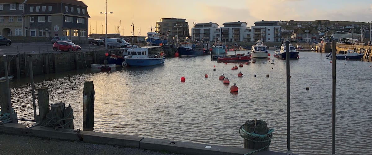 A harbor with boats, a red car, and buildings in the background.
