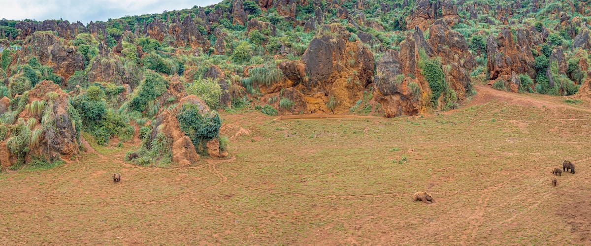 A rugged landscape with rocky outcrops and sparse vegetation.