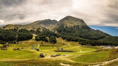 Paisagem montanhosa com um campo verde, um teleférico de esqui e um pequeno edifício.