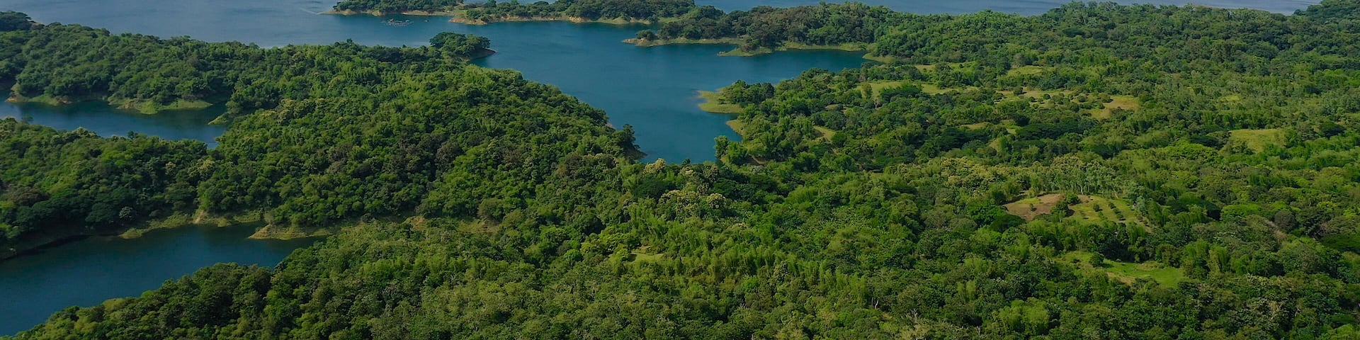 Beautiful landscape with green hills, top view. Azure Pantabangan lake among the hills. Lake in the mountains. Philippines, Luzon.