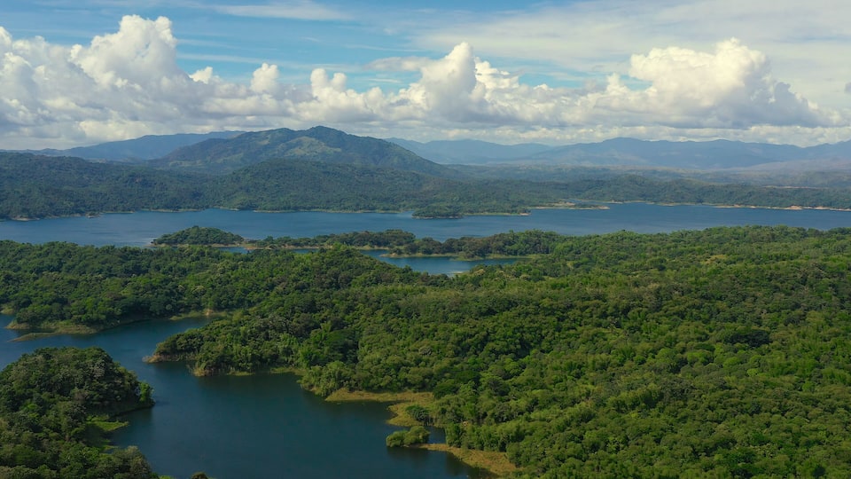 A lake surrounded by dense forest and mountains.