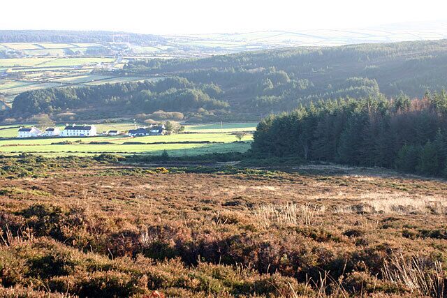 Foxdale and Stoney Mountain Plantation. Looking east from the slopes of South Barrule