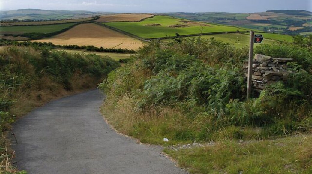 Cronk ny Moghlane from Cronk Breck. Isle of Man. The point where the old Cronk Breck to Bawshen road leaves the road leading to Lhargee Ruy. This road, like so many others, has now been downgraded to footpath status.