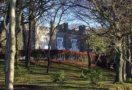Greeba Castle, Greeba, Isle of Man. Not really a castle, but one of a pair of castellated houses built in 1849 and designed by John Robinson of Douglas. From 1896 to 1931, the residence of famous Manxman Thomas Henry Hall Caine (1853-1931).