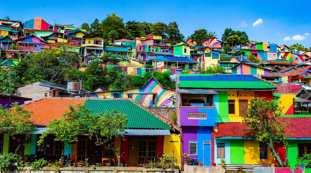 Semarang, Indonesia - 27th May 2017: Colorful houses in Kalisari Rainbow Village (Kampung Pelangi Kalisari) in Semarang, Indonesia. The writing translates to Rainbow Village Wonosari City