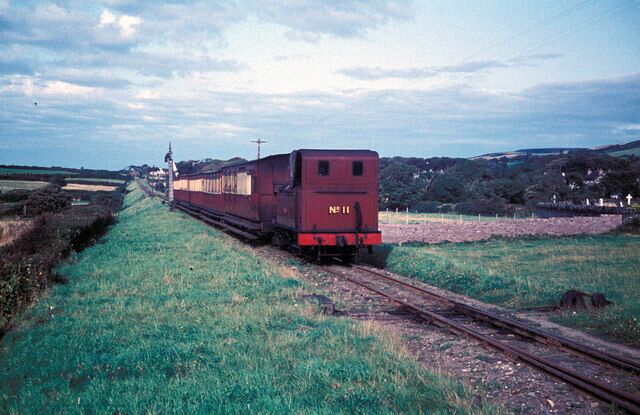 Kirk Michael, 1961 Running bunker first, Locomotive No 11 approaches Kirk Michael with a late afternoon train for Douglas. Note the lower quadrant signal.