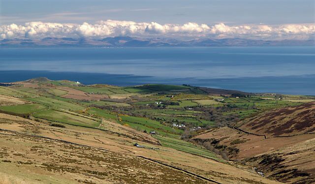 Corrany Valley. Isle of Man.. Looking due east down the valley .The Cumbrian coastline can be clearly seen with Sellafield just left of centre.
