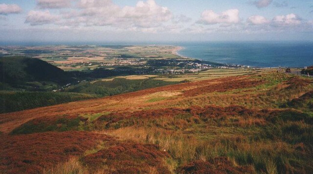 Moorland above Glen Auldyn From near the Guthrie's Memorial looking over Glen Auldyn to the north of the island. The A18 on the right leading down to Ramsey.