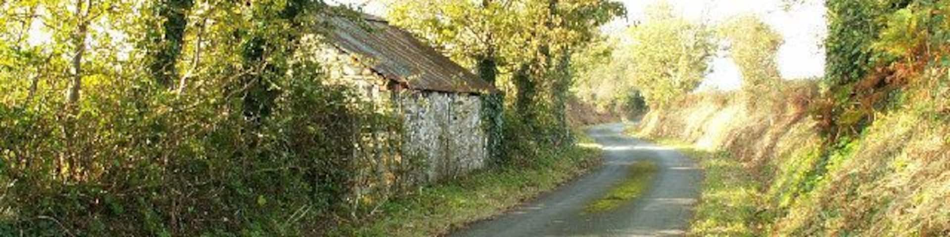 Old building by the side of the Close e Kewin loop road. A fine little white-washed building on the west side of the Close e Kewin loop road near St. Jude's. Was this once a little thatched cottage? It now has a tin roof.