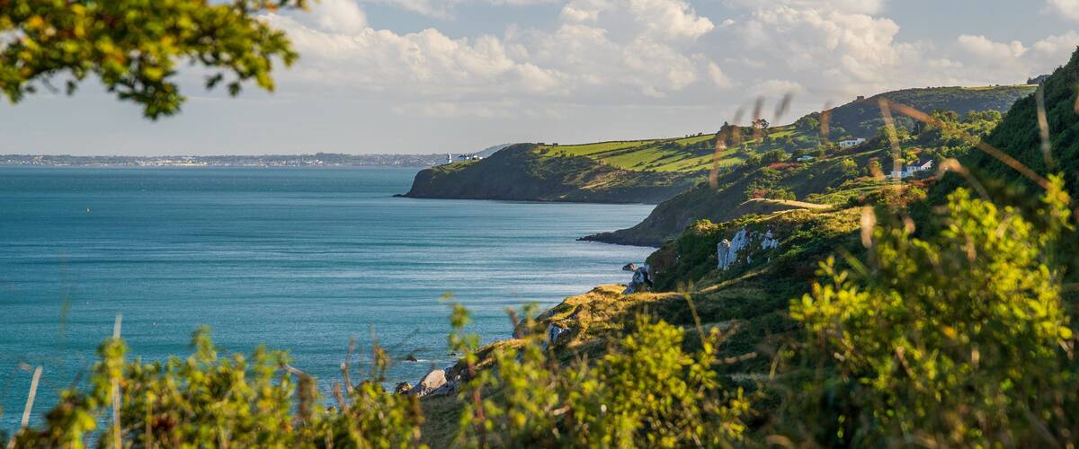 A coastal landscape with a clear blue sea, green hills, and a distant city skyline.