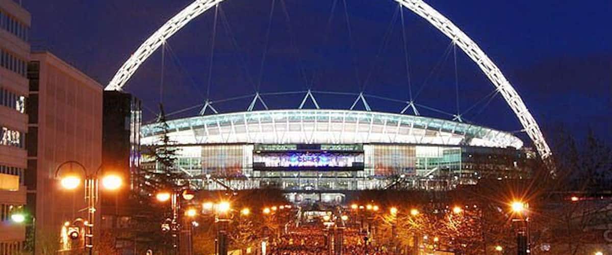 Wembley is the national stadium and home of the England football team. The new stadium has a arch which is illuminated at night. You are free to use this imagine providing you credit Landscapes of England and provide a link back to our website - www.landscapesofengland.co.uk