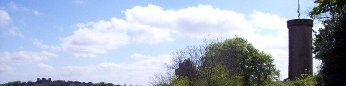 Prospect Tower and Riber Castle This is a view from the amphitheatre on the Heights of Abraham showing the Prospect Tower, a victorian viewing tower, and Riber Castle on the other side of the Derwent Valley