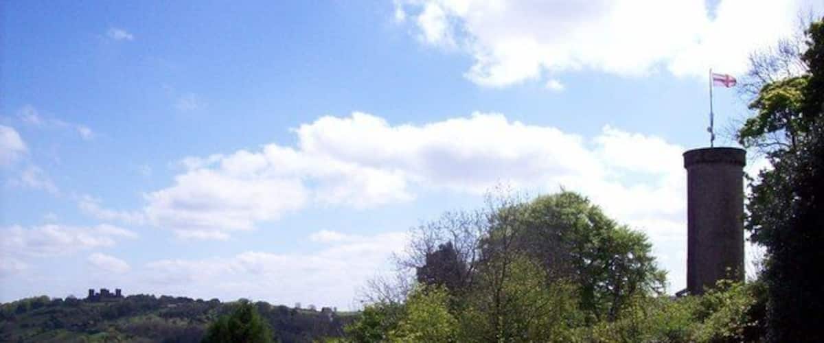 Prospect Tower and Riber Castle This is a view from the amphitheatre on the Heights of Abraham showing the Prospect Tower, a victorian viewing tower, and Riber Castle on the other side of the Derwent Valley