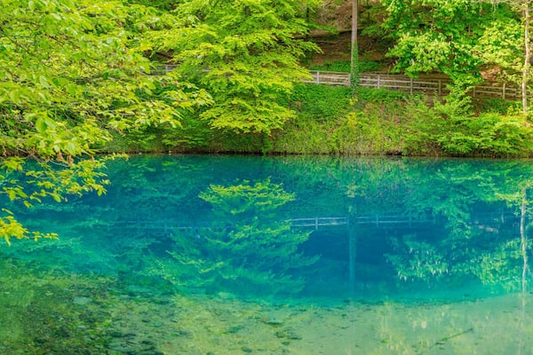 Un lac d’un bleu profond, entouré d’une végétation luxuriante et verdoyante, et traversé par un pont en bois.