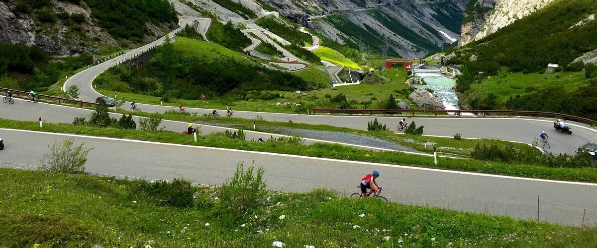 Stelvio pass in Northern Italy is the highest paved road in the Eastern Alps. With an altitude of 2,757m and famous for its 48 hairpin turns it is a popular challenge for cyclists, motor cyclists and motoring enthusiasts alike.