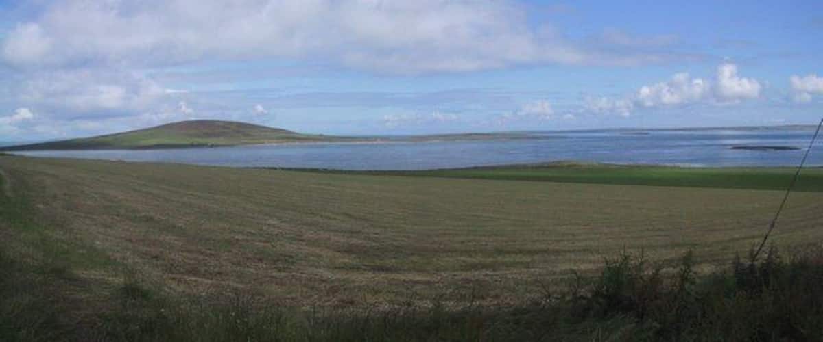 A coastal landscape with a grassy field, a hill, and a body of water.