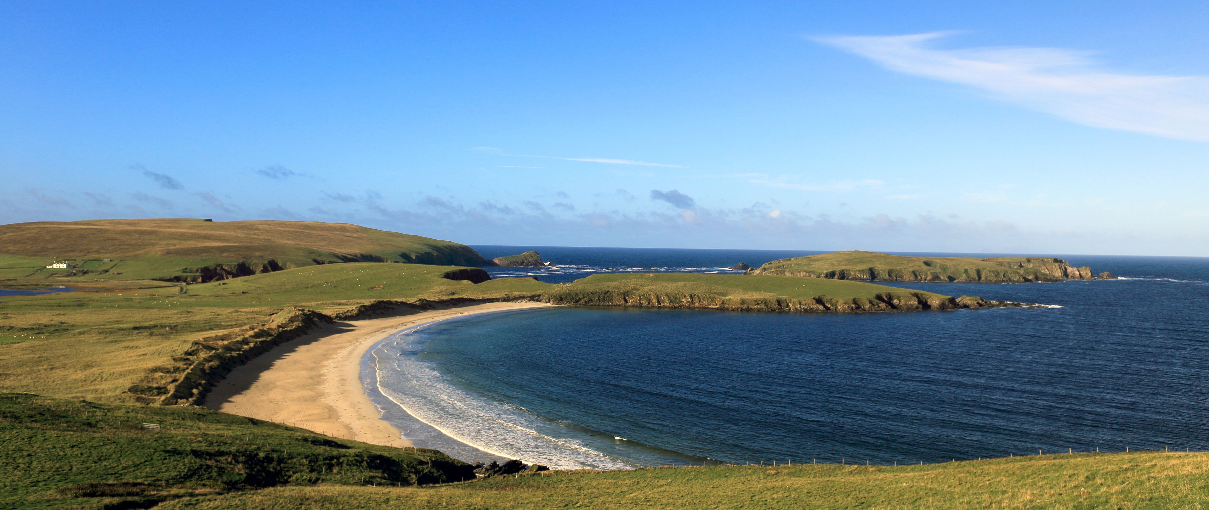The beautiful sandy beach in the Bay of Scousburgh, south Mainland, Shetland, Scotland, UK.