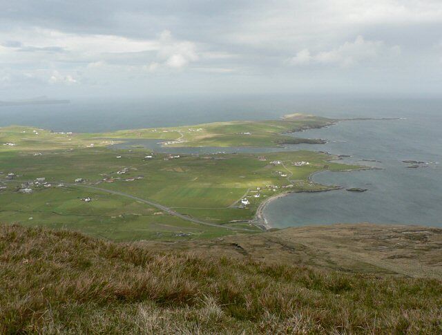 View of Greenmow from Hoo Field This is the flat area of land east of Cunningsburgh.