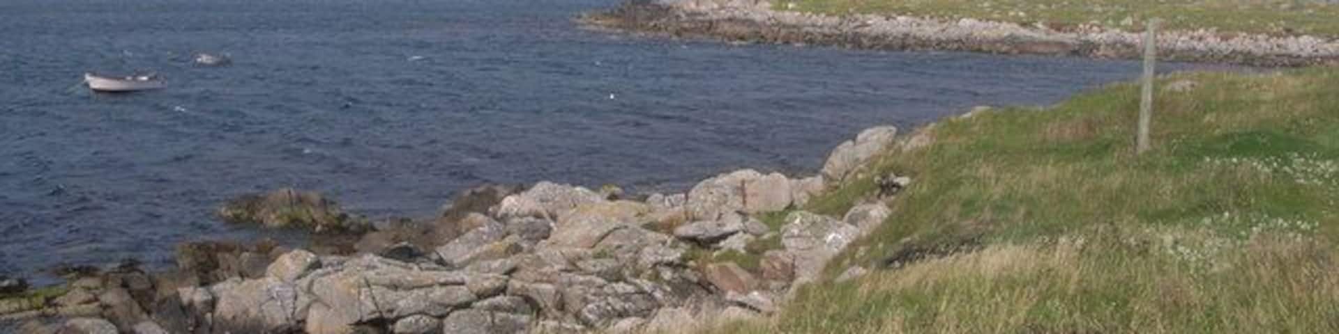 A rocky shoreline with a grassy foreground and calm sea.