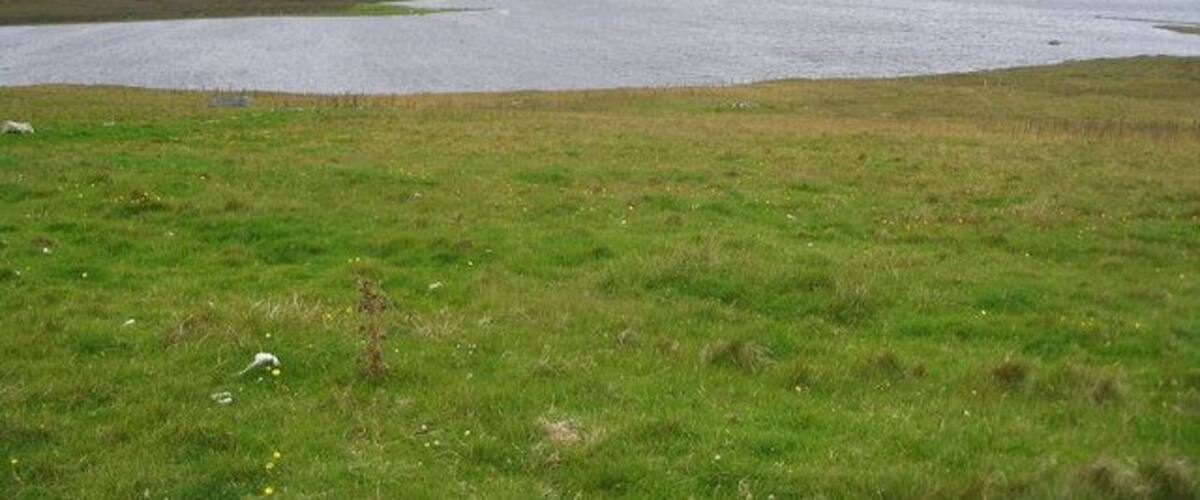 A grassy field with a body of water and distant hills.