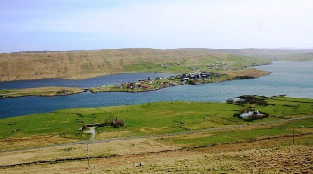 Hellister across Weisdale Voe The Loch of Hellister with Weisdale Voe in the foreground, the intersection f the two is crossed by the Kallie Bridge.