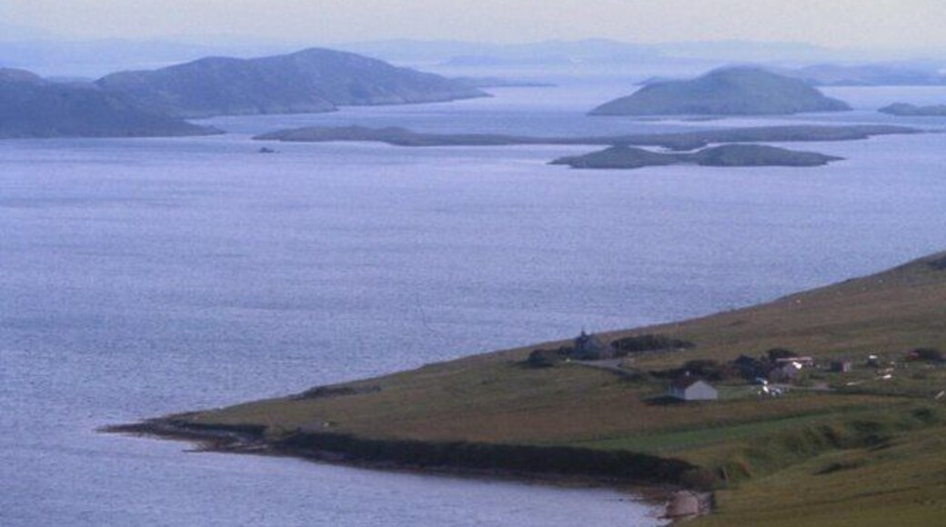 Cott and Weisdale Voe The crofts at Cott and beyond the islands at the mouth of Weisdale Voe.