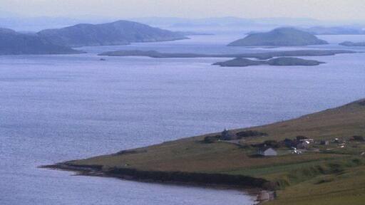 Cott and Weisdale Voe The crofts at Cott and beyond the islands at the mouth of Weisdale Voe.
