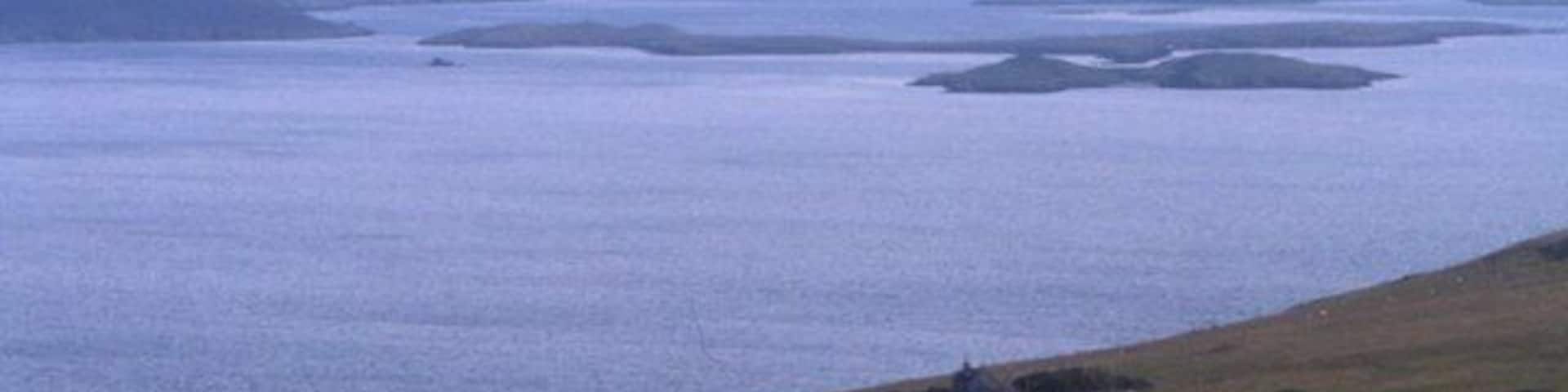 Cott and Weisdale Voe The crofts at Cott and beyond the islands at the mouth of Weisdale Voe.