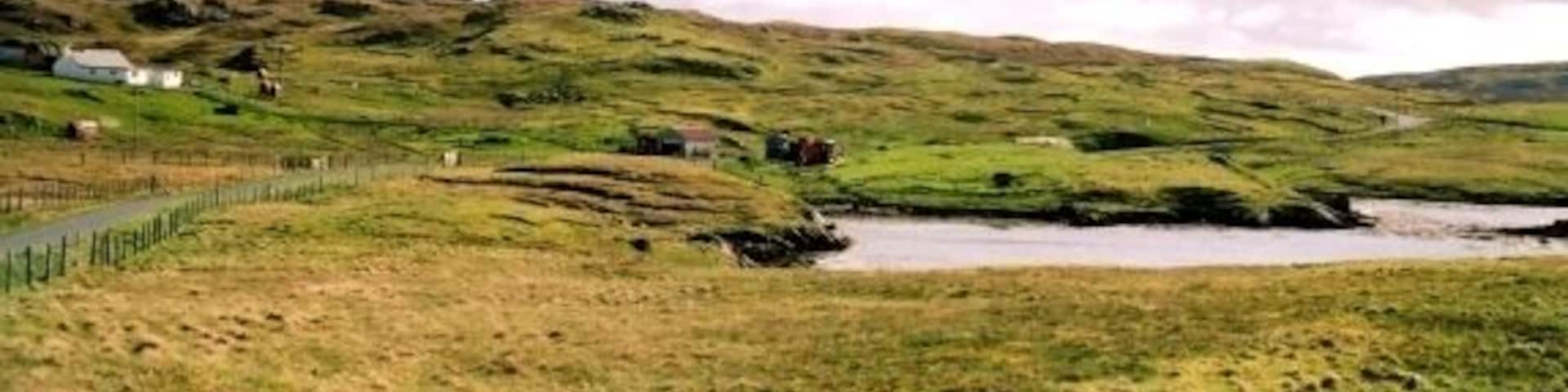 Paisaje rural con colinas ondulantes, un arroyo pequeño y una zona vallada.
