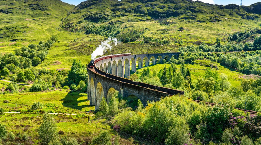 Glenfinnan Railway Viaduct in Scotland with the steam train passing over