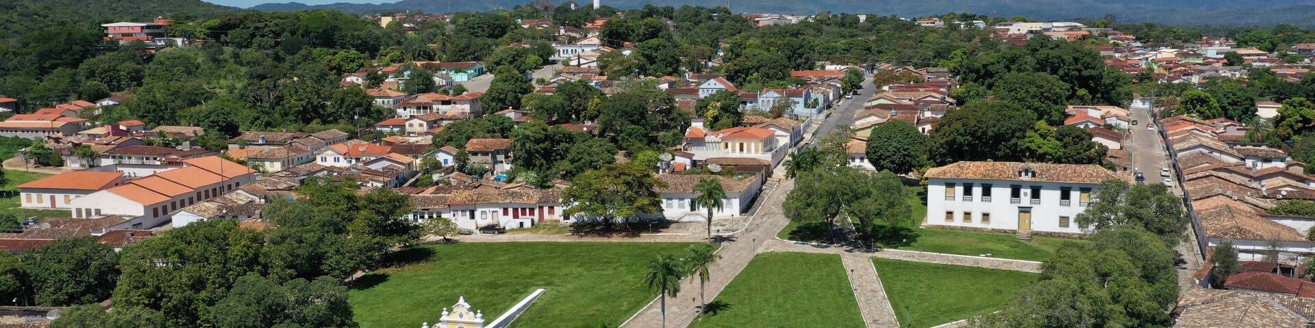 Colorful buildings and cobblestone streets in the historical center of Cidade de Goias in the heart of Brazil.