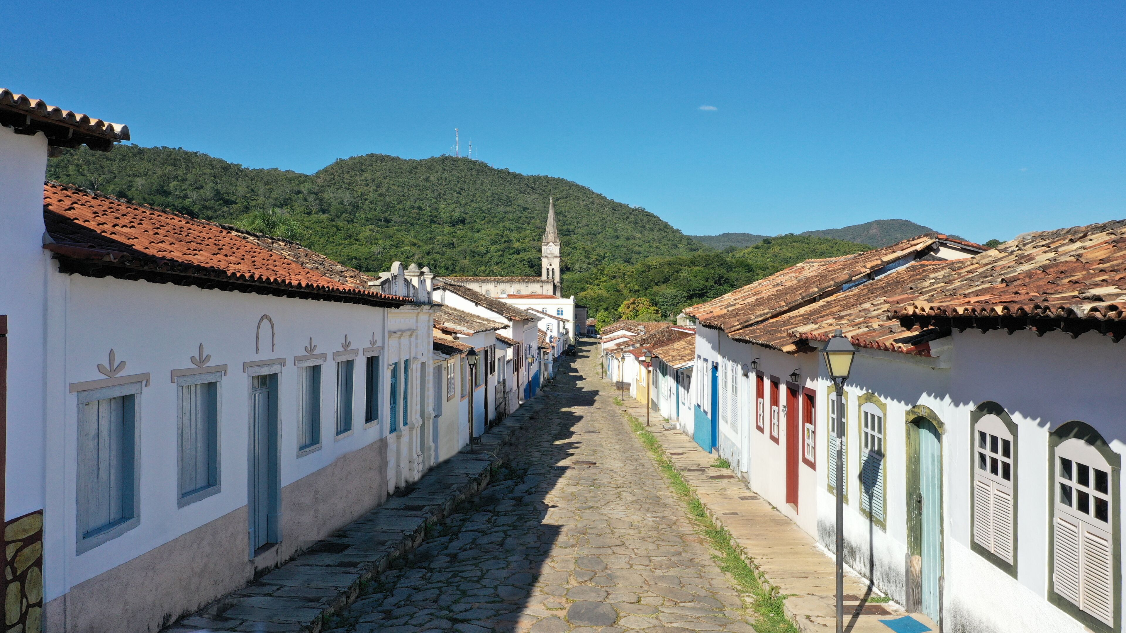 Panoramic view of the historical city of Cidade de Goias with cobblestone streets and colorful colonial houses. Goias, Brazil 