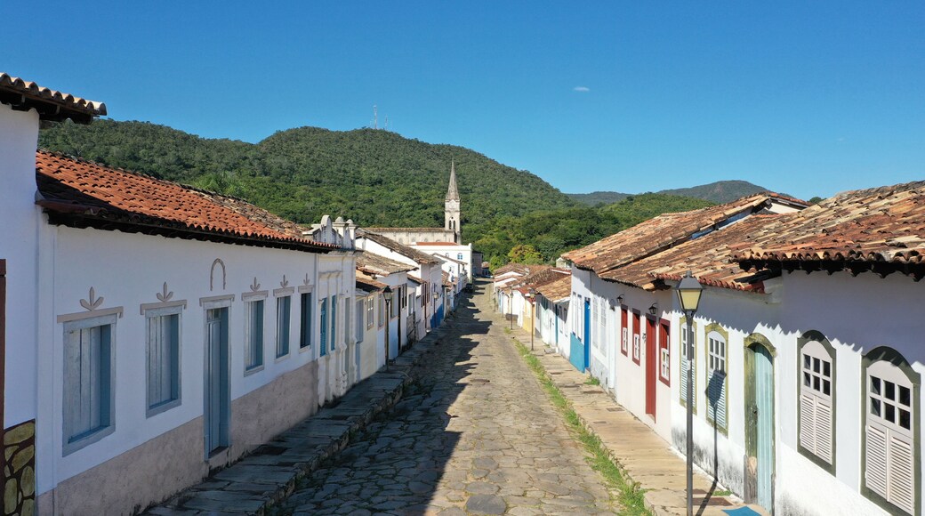 Panoramic view of the historical city of Cidade de Goias with cobblestone streets and colorful colonial houses. Goias, Brazil