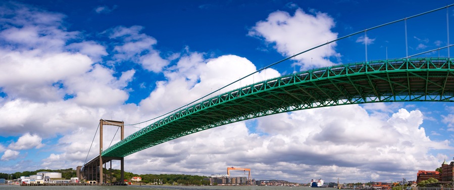 Wide Angle View of Alvsborgs Bridge Gothenburg in the district of Roda Sten - Big Suspended Bridge over River Gota Alv in Gothenburg Sweden.