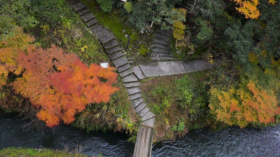 A stone bridge over a river surrounded by autumn foliage.