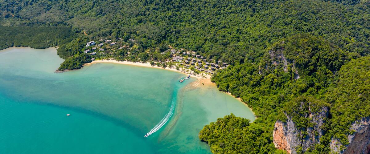 Aerial view of the beautiful, quiet island of Koh Yao Noi in Thailand
