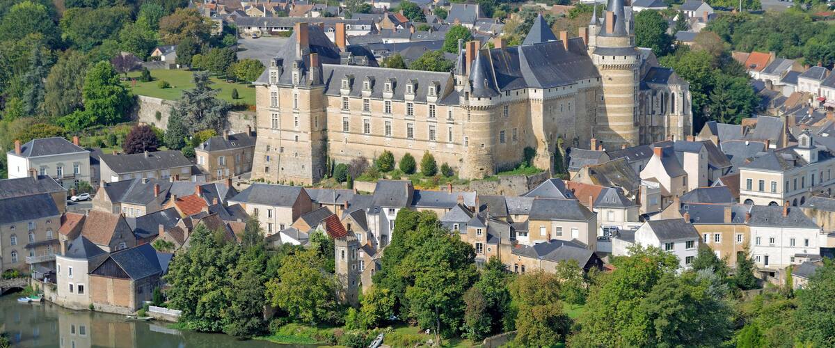 A historic town with a prominent castle, a river, and surrounding greenery.