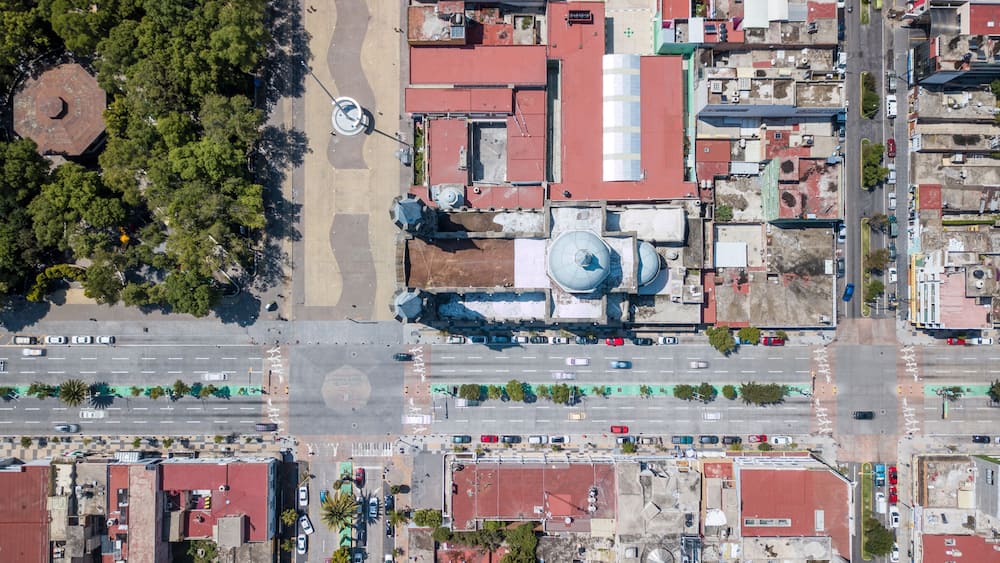 Aerial view of the Basilica of Our Lady of Mercy in Tlaxcala, Mexico