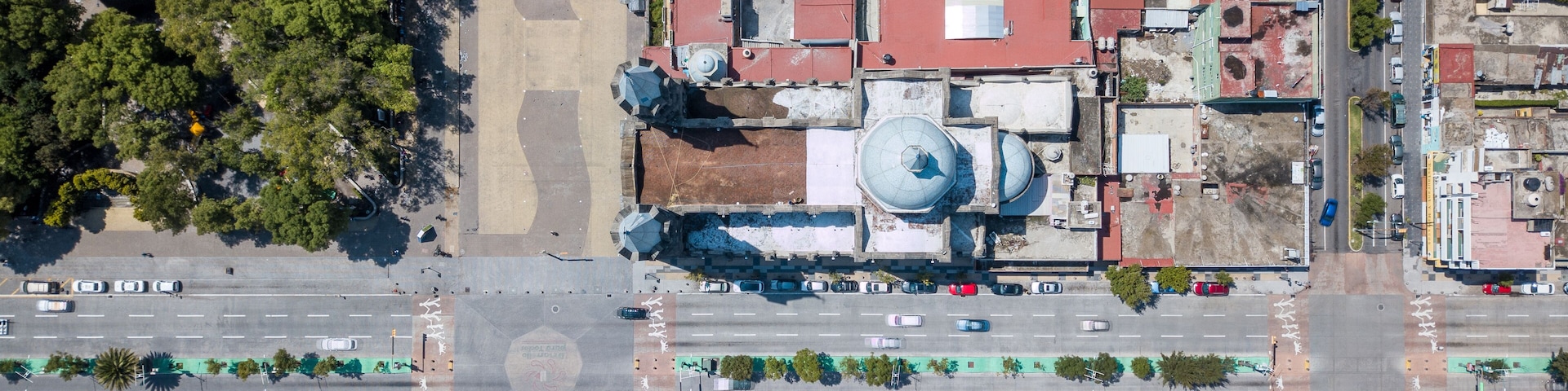 Aerial view of the Basilica of Our Lady of Mercy in Tlaxcala, Mexico