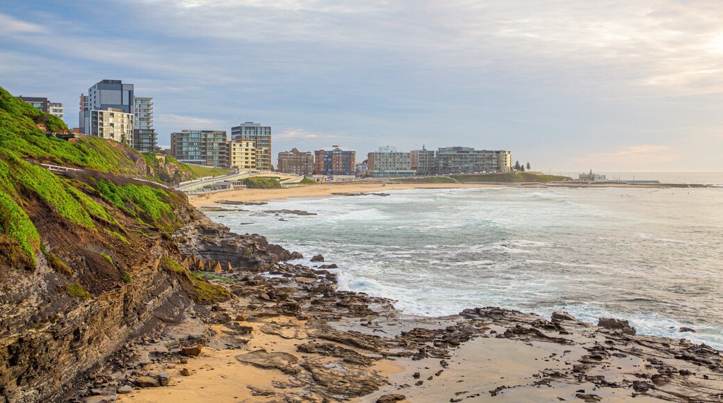 King Edward Park showing a sunset, a coastal town and rocky coastline