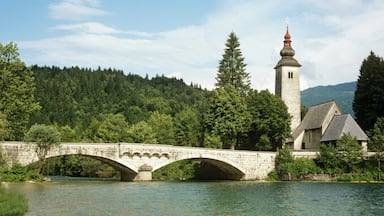 Bridge and church at lake bohinj slovenia