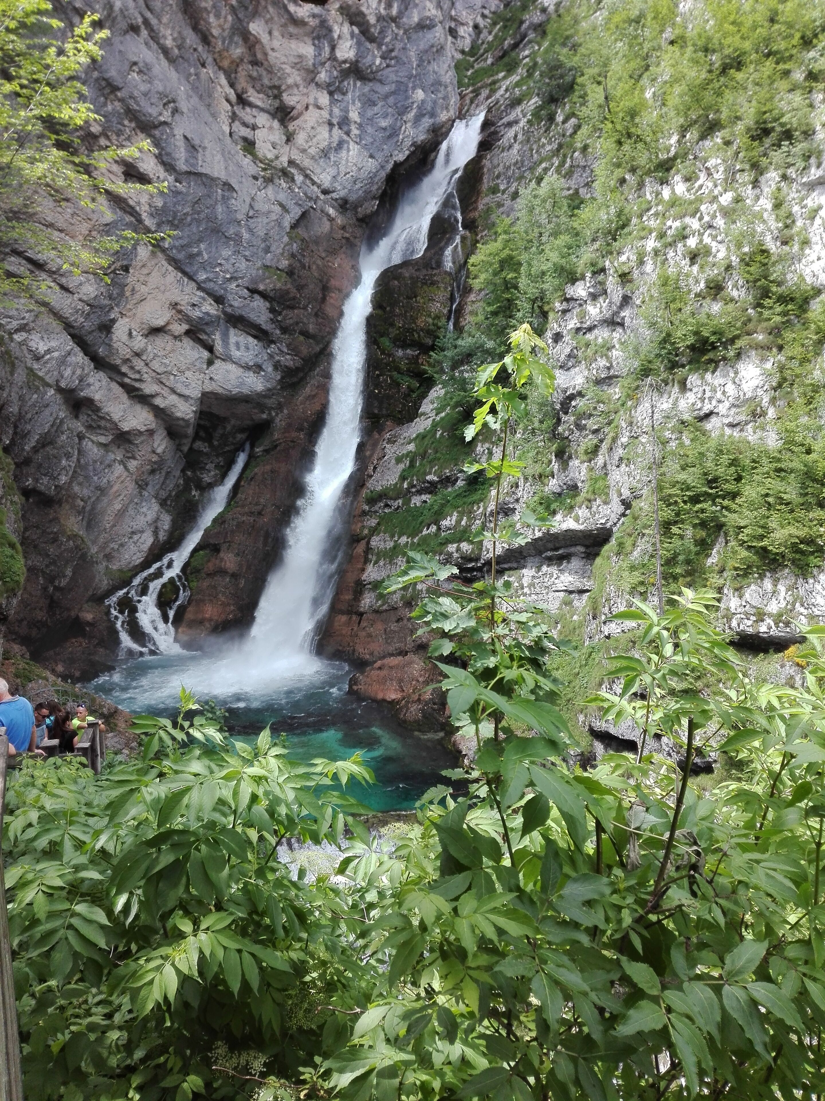 A waterfall cascading down a rocky cliff surrounded by lush greenery.
