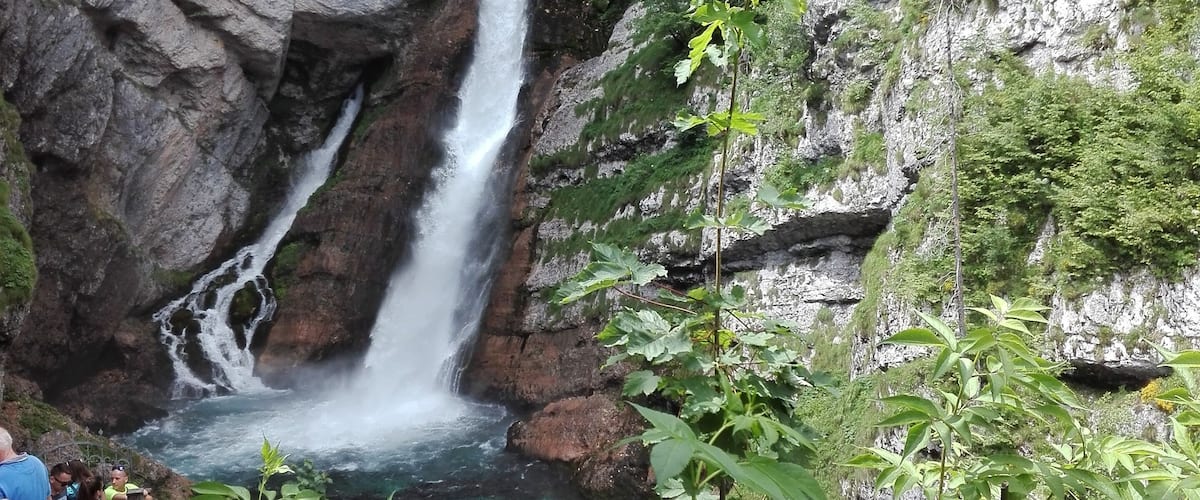 A waterfall cascading down a rocky cliff surrounded by lush greenery.