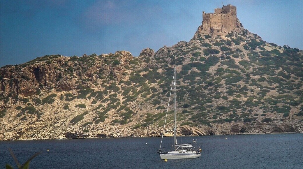 Anchored in the bay of Isla Cabrera, below a castle. This is a Spanish national park near Mallorca in the Balearic Islands.