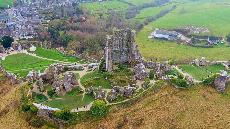 Flight around Corfe Castle in England - aerial view -aerial photography