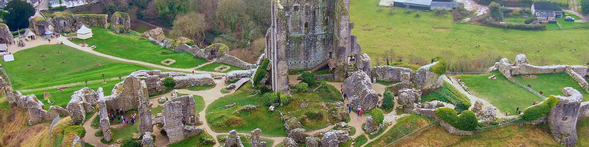 Flight around Corfe Castle in England - aerial view -aerial photography