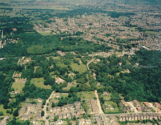 Aerial view of Coombe Wood and Thundersley Glen The London Road (A13) runs left to right across the image. Coombe Wood lies just above this at the left and Thundersley Glen below it on the right. Hill Road runs from mid-centre bottom up towards the centre. Thundersley Park Road runs from left of centre-bottom up and curves round to join Hill Road. These two roads are unmade at the centre of the image (though they are mad at the bottom). Underhill Road runs parallel to the bottom at the right. Thundersley proper occupies much of the upper right.