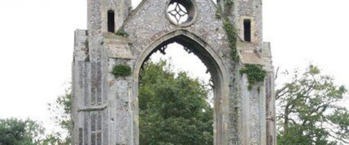 Priory ruins The most substantial surviving fragment of the Priory church, the east end c1380 and very early Perpendicular Gothic.